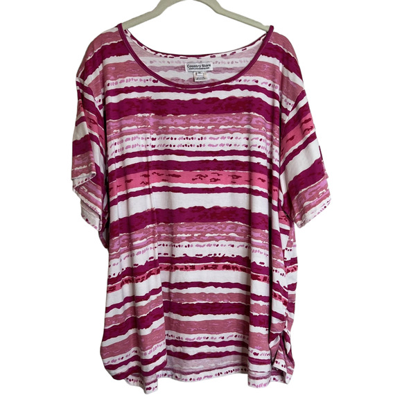 Country Store Womens Short Sleeve Tee Size 3X Pink White Mixed Stripes Ruched - Picture 1 of 6